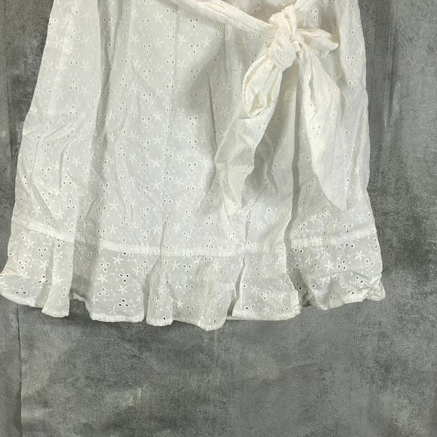 1. STATE Women's White Eyelet Wrap-Front Ruched Elbow-Sleeve Mini Dress SZ 2