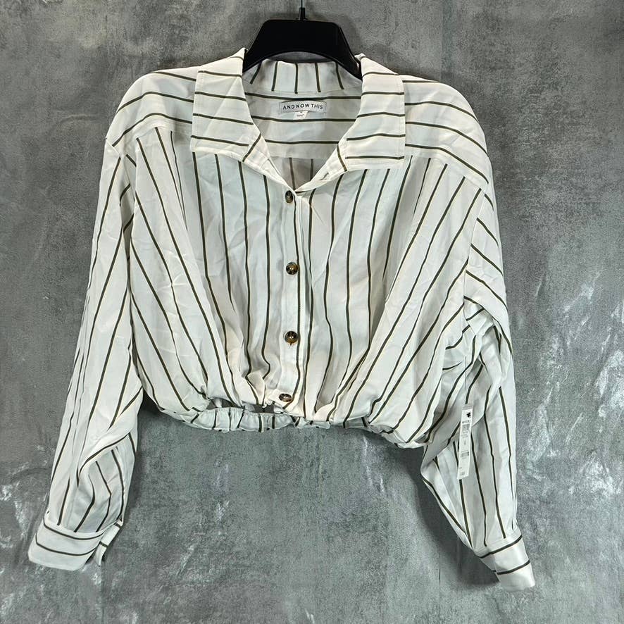 AND NOW THIS Women's White-Olive Striped Button-Down Elastic Waist Top SZ M