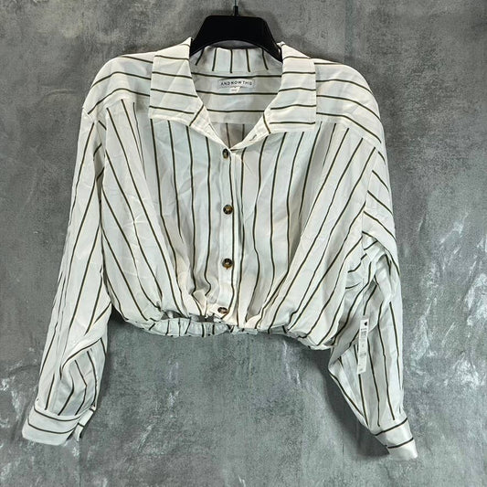 AND NOW THIS Women's White-Olive Striped Button-Down Elastic Waist Top SZ M