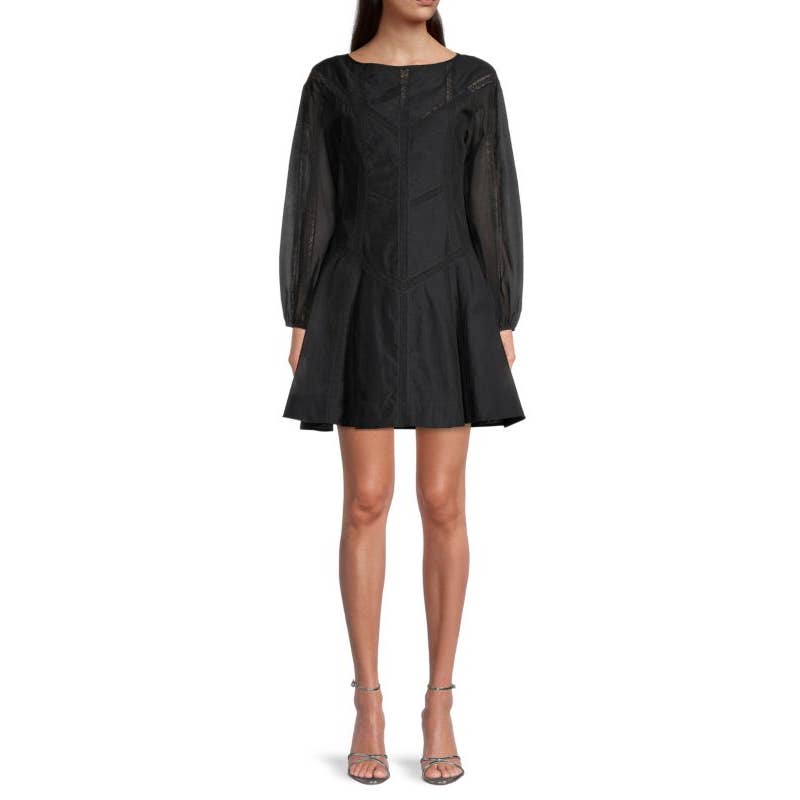 REBECCA TAYLOR Women's Black Organza Round-Neck Puff-Sleeve Mini Dress SZ S