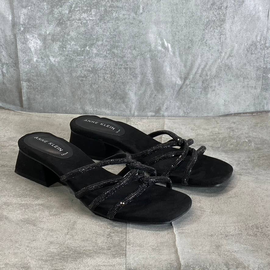 ANNE KLEIN Women's Black Nikole Rhinestone Embellished Square-Toe Sandals SZ 8.5