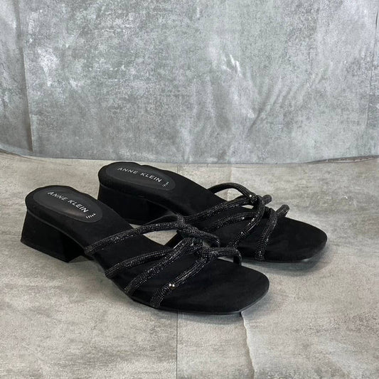 ANNE KLEIN Women's Black Nikole Rhinestone Embellished Square-Toe Sandals SZ 8.5