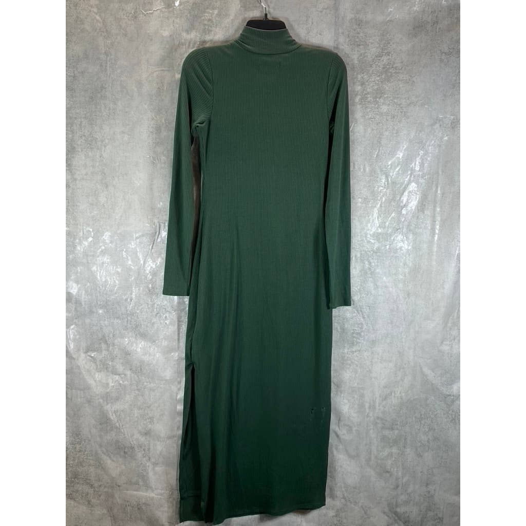 AND NOW THIS Women's Dark Green Ribbed High-Neck Midi Side-Slit Long-Sleeve Dress SZ S