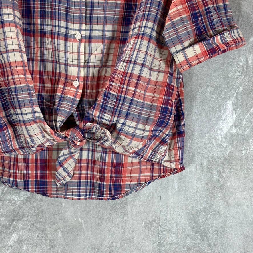 TOMMY HILFIGER Women's Yasmin-Plaid Red Cotton Oversized Tie-Front Top SZ S