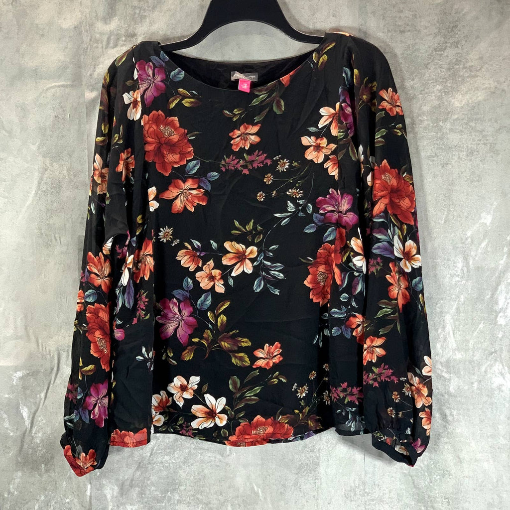 VINC CAMUTO Women's Rich Black Floral-Print Scoop-Neck Long-Sleeve Top SZ XS