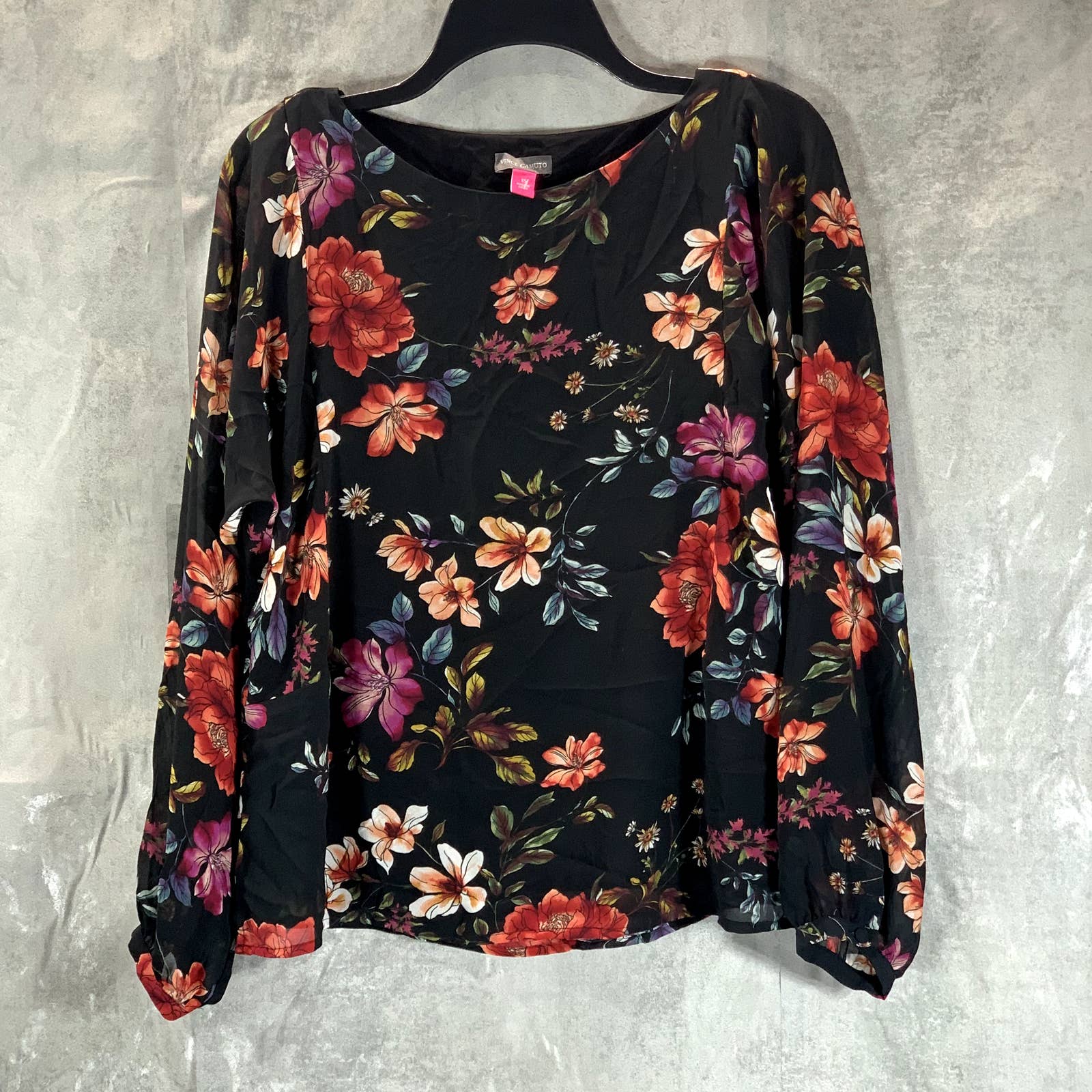 VINC CAMUTO Women's Rich Black Floral-Print Scoop-Neck Long-Sleeve Top SZ XS