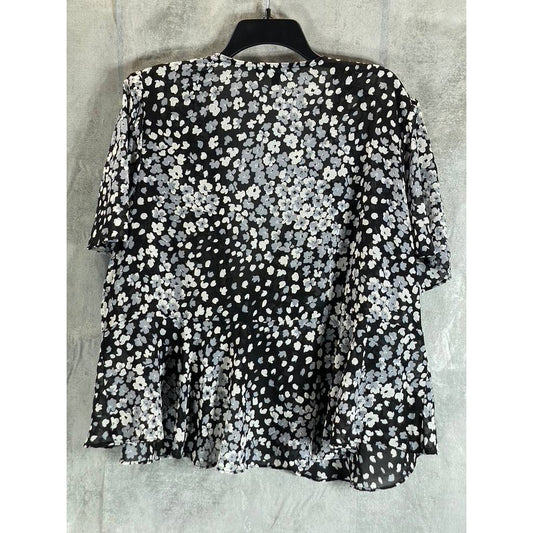 R&M RICHARDS Women's Plus Black-White Printed Tie-Front Flutter Sleeve Jacket