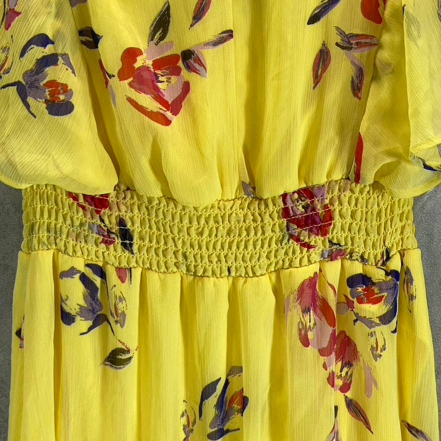 DKNY Women's Yellow Floral Smocked Flutter Short-Sleeve Hi-Low Hem Midi Dress
