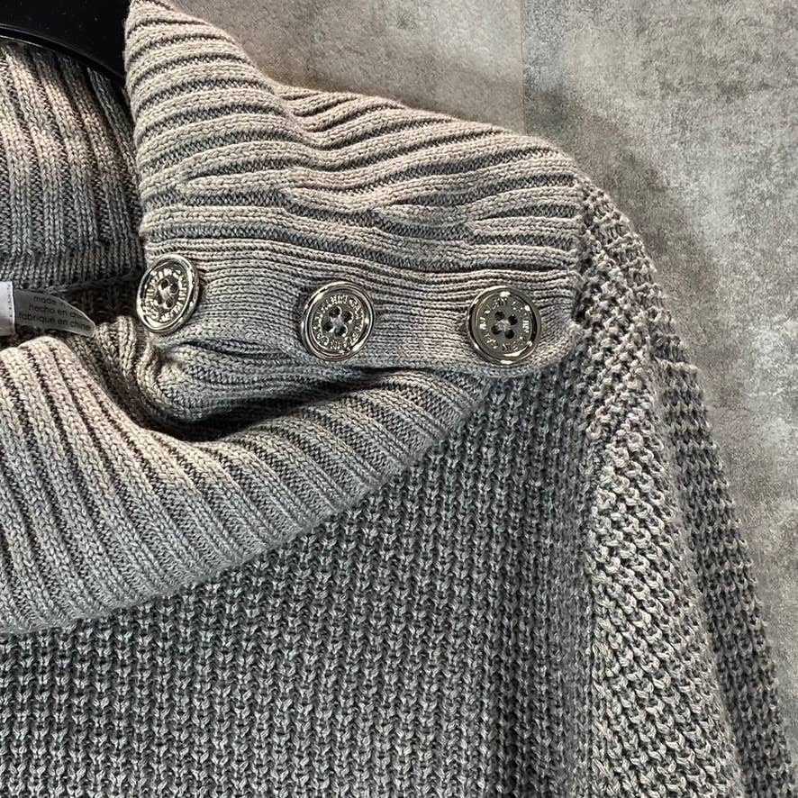 CALVIN KLEIN Women's Heather Granite Buttoned Cowl-Neck Curved-Hem Sweater SZ L