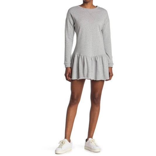 SUSINA Women's Grey Light Heather Raw Ruffle Hem Crewneck Sweater Dress SZ M