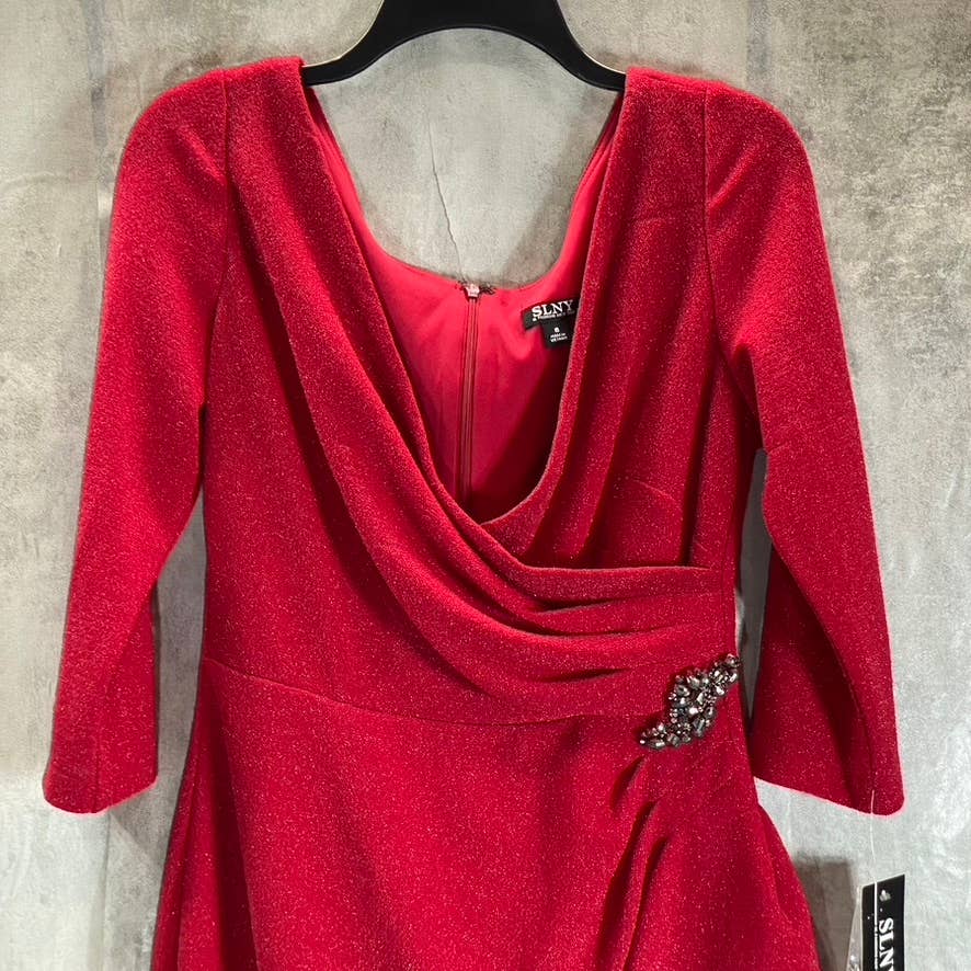 SLNY Women's Red V-Neck 3/4 Sleeve Brooch Ruching Waist Mini Dress SZ 6