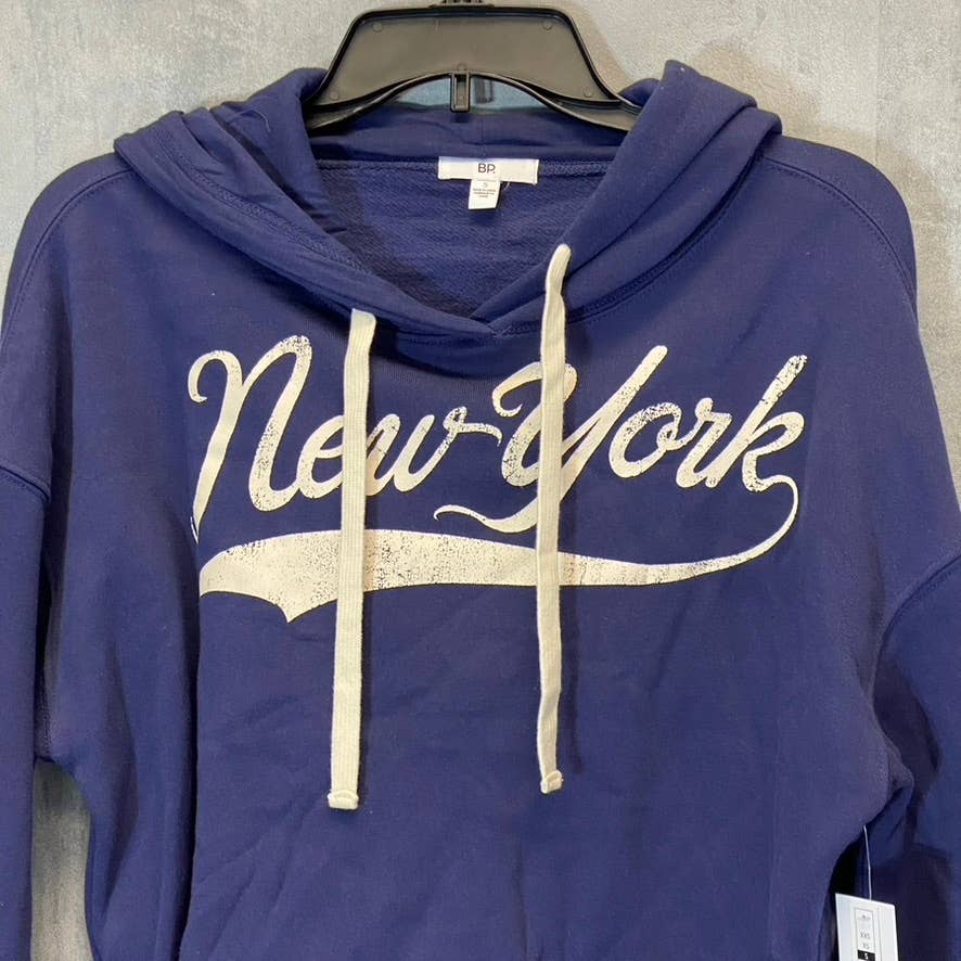 BP. Women's Navy New York Cutoff Graphic Long Sleeve Pullover Hoodie SZ S