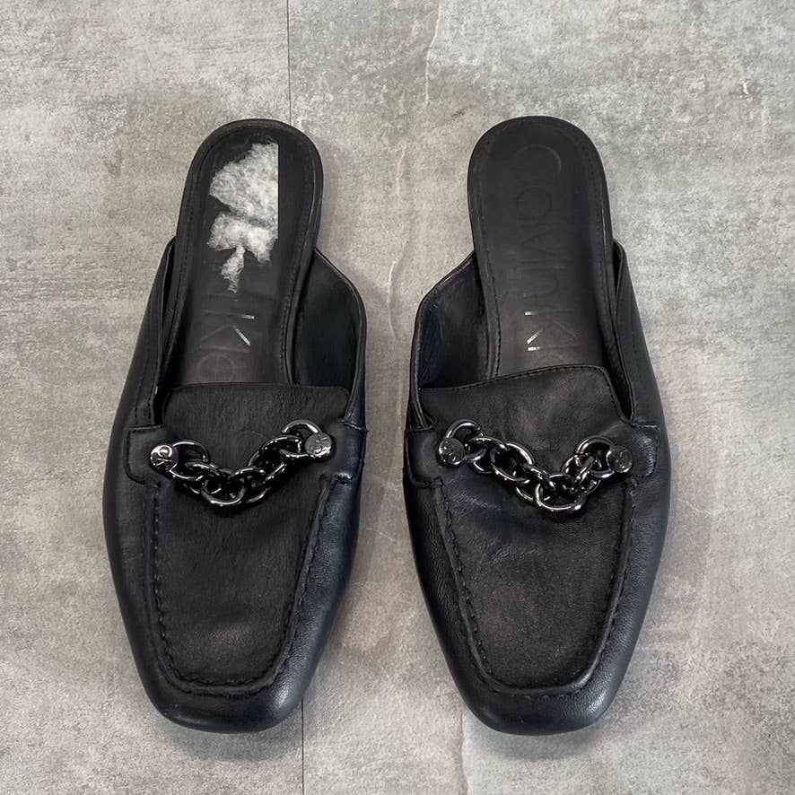 CALVIN KLEIN Women's Black Leather Ella Chain Square-Toe Loafer Mules SZ 6.5