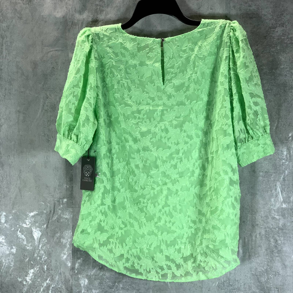 VINCE CAMUTO Women's Aloe Green Crewneck Textured Puff-Sleeve Jacquard Top SZ M