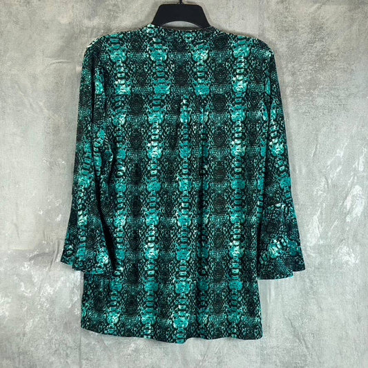 NY COLLECTION Women's Teal Plaid 3/4 Bell Sleeve Y-Neck Pleated Top SZ L