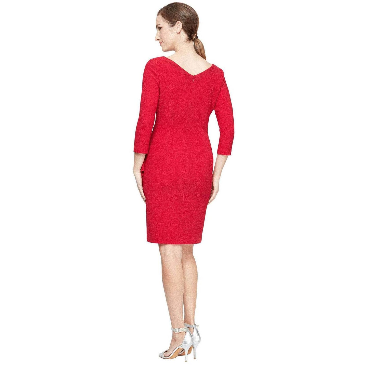 SLNY Women's Red V-Neck 3/4 Sleeve Brooch Ruching Waist Mini Dress SZ 6