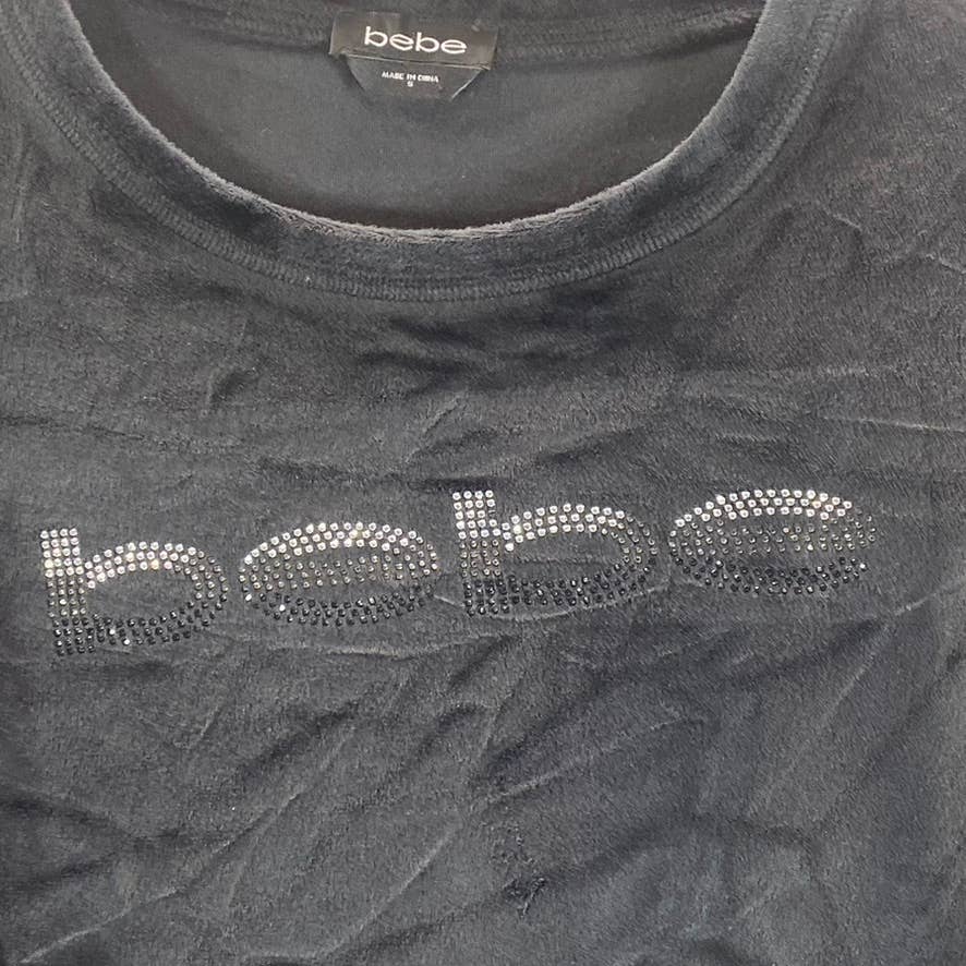 BEBE Women's Black Velour Rhinestone Logo Crewneck Pullover Sweatshirt SZ S