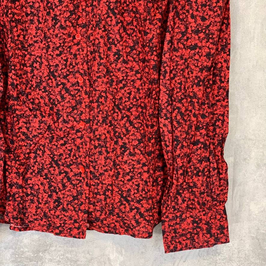 HINGE Red Printed Tie-Neck Long Sleeve Button Front Top SZ M