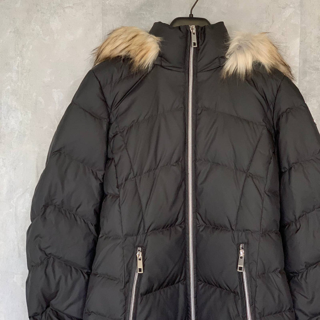 CALVIN KLEIN Solid Black Detachable Faux-Fur Hooded Full-Zip Puffer Jacket SZ S