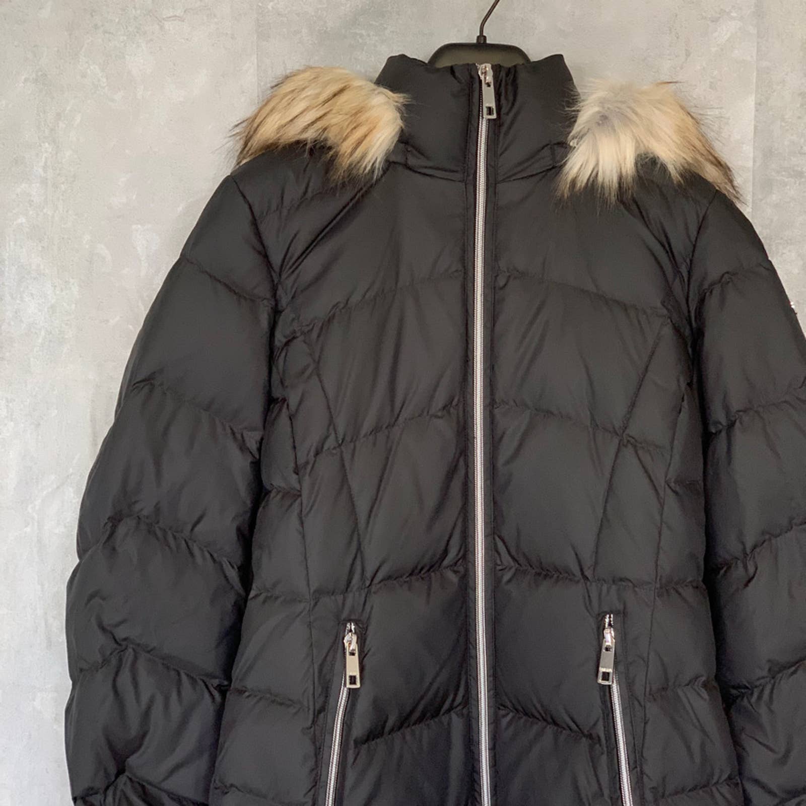 CALVIN KLEIN Solid Black Detachable Faux-Fur Hooded Full-Zip Puffer Jacket SZ S