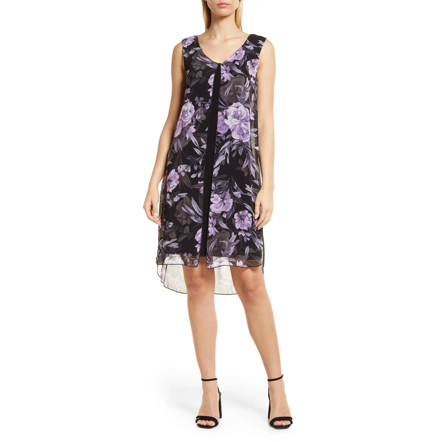 CONNECTED APPAREL Women's Grape Floral-Print Sleeveless Chiffon Overlay Dress