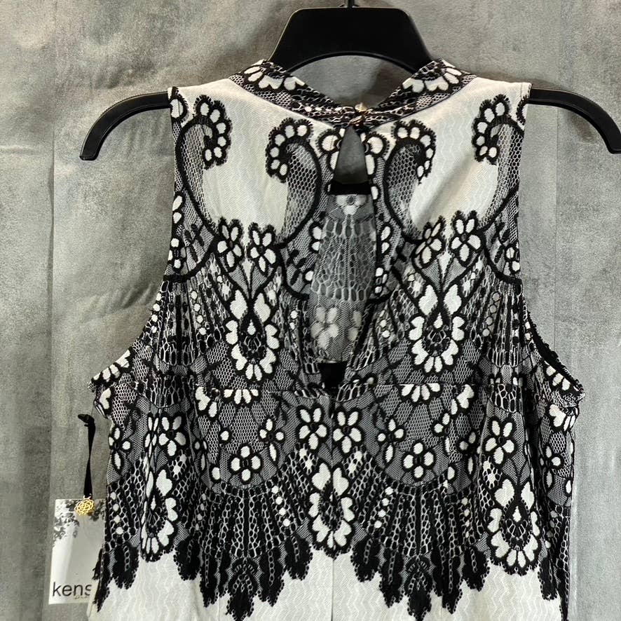 KENSIE Women's Black-White Sleeveless Halter Illusion Lace Embroidered Dress