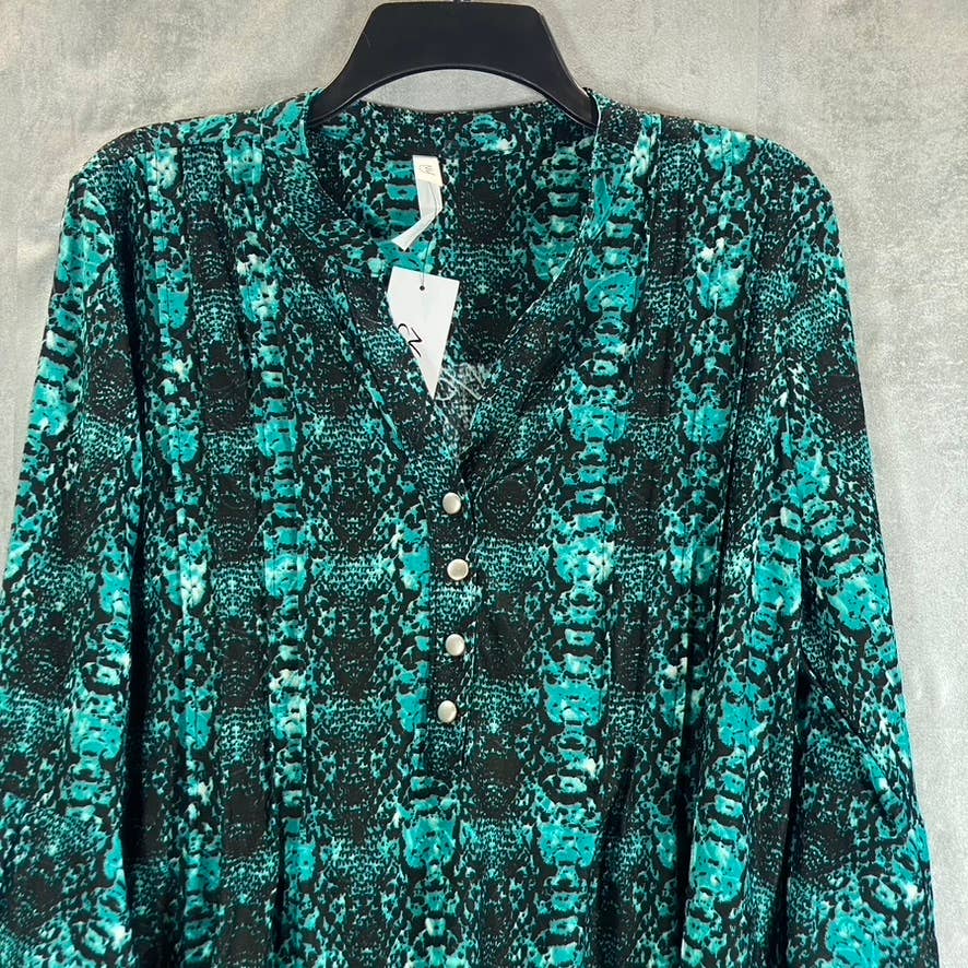 NY COLLECTION Women's Teal Plaid 3/4 Bell Sleeve Y-Neck Pleated Top SZ L