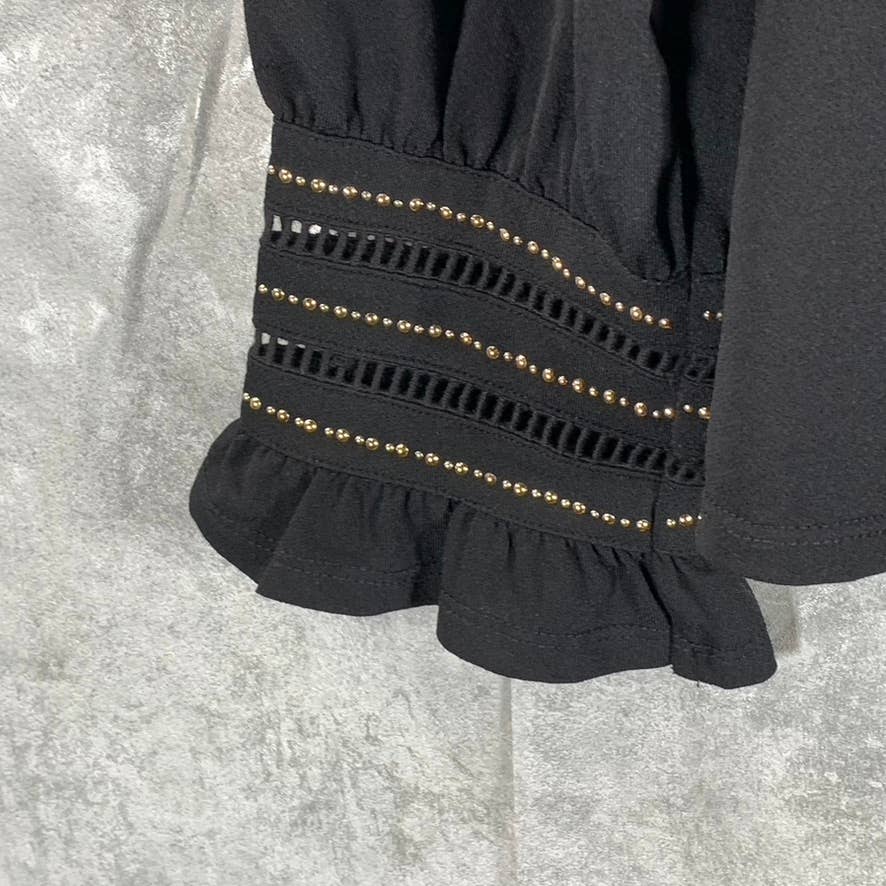 BELLDINI BLACK LABEL Women's Black Embellished Tie-Neck Long-Sleeve Top SZ L