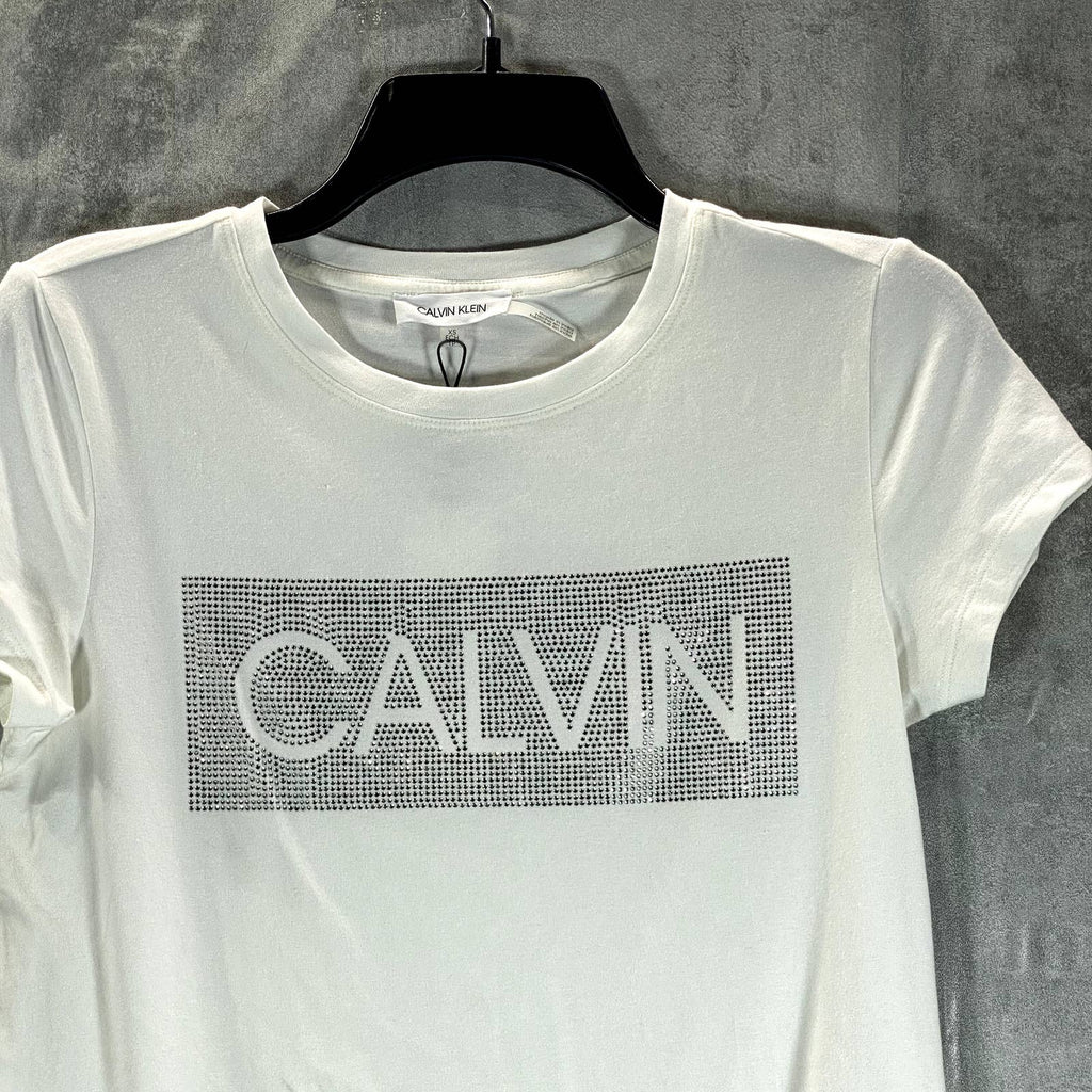 CALVIN KLEIN Women's White Logo Embellished Crewneck Short Sleeve T-Shirt SZ XS