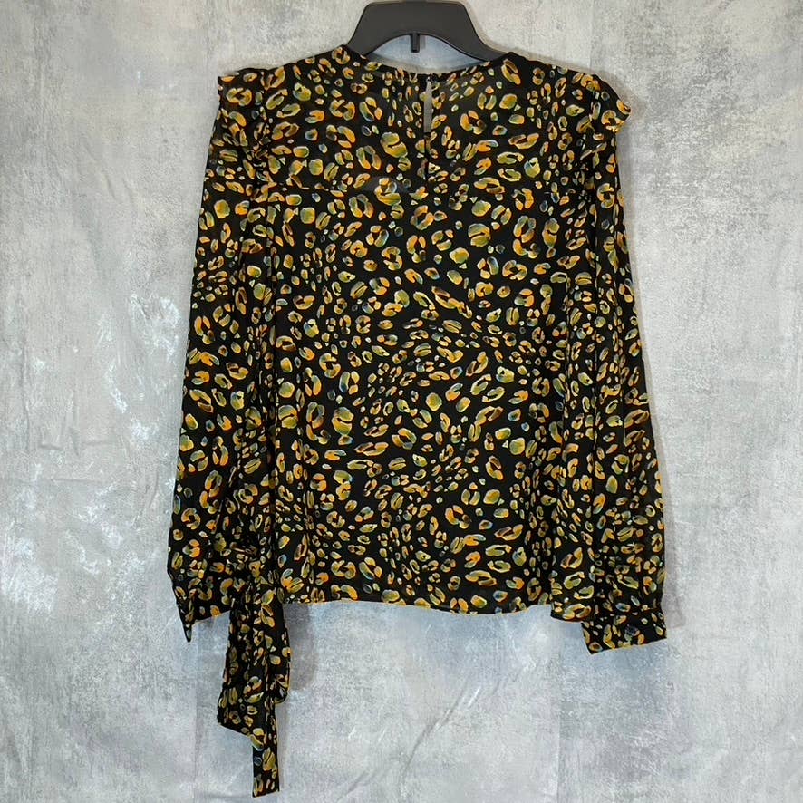 LOST + WANDER Women's Black Animal Print Dance All Night Belted Long Sleeve Top SZ S