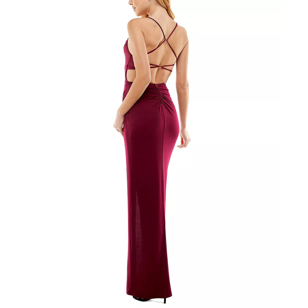 CITY STUDIO Juniors' Burgundy Cowl-Neck Open-Back Side-Slit Maxi Dress SZ 1