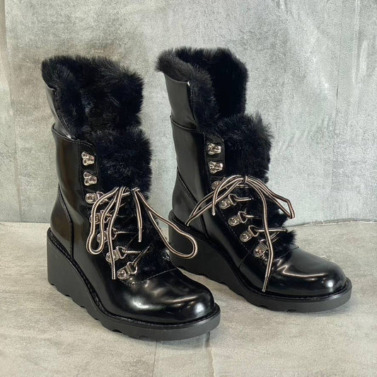 INC INTERNATIONAL CONCEPTS Women's Black Faux-Fur Hannia Lace-Up Wedge Boots SZ6