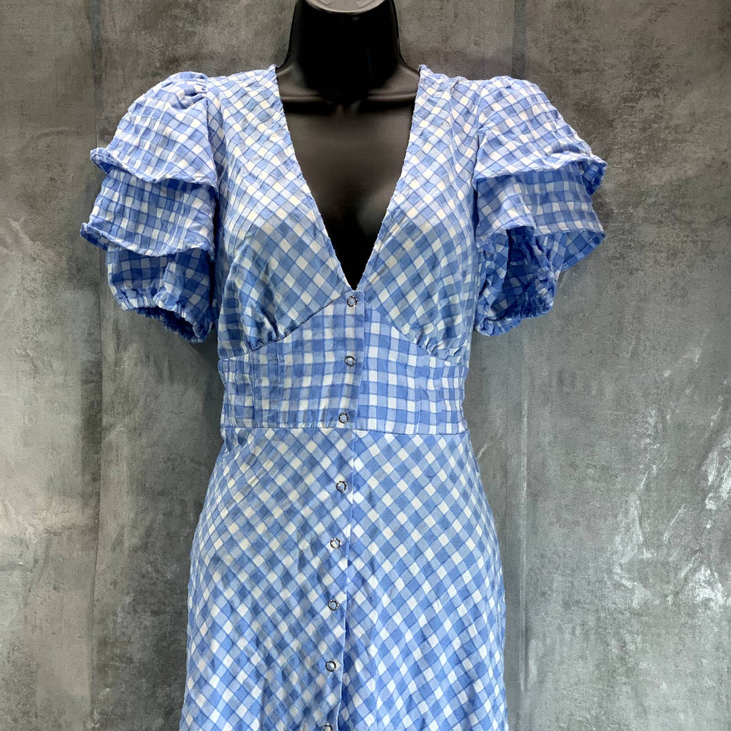 BETSEY JOHNSON Women's Placid Blue Gingham V-Neck Puff-Sleeve Snap Midi Shirt