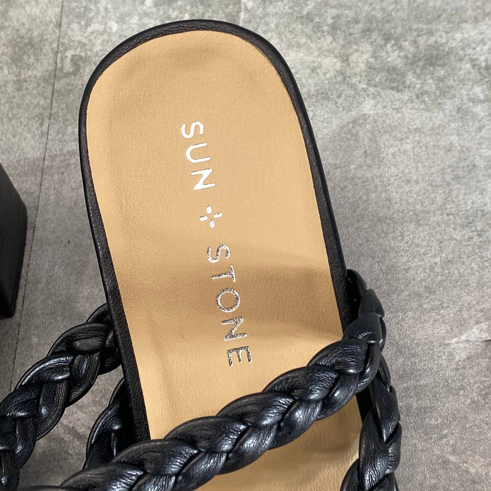 SUN+STONE Women's Black Wiinie Braided Round-Toe Block-Heel Dress Sandals SZ 6