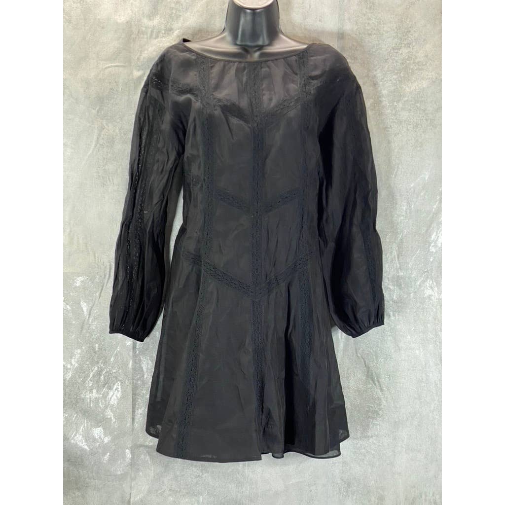 REBECCA TAYLOR Women's Black Organza Round-Neck Puff-Sleeve Mini Dress SZ S