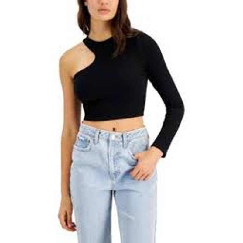 BAR III Women's Deep Black One-Shoulder Long-Sleeve Cutout Crop Top SZ XS