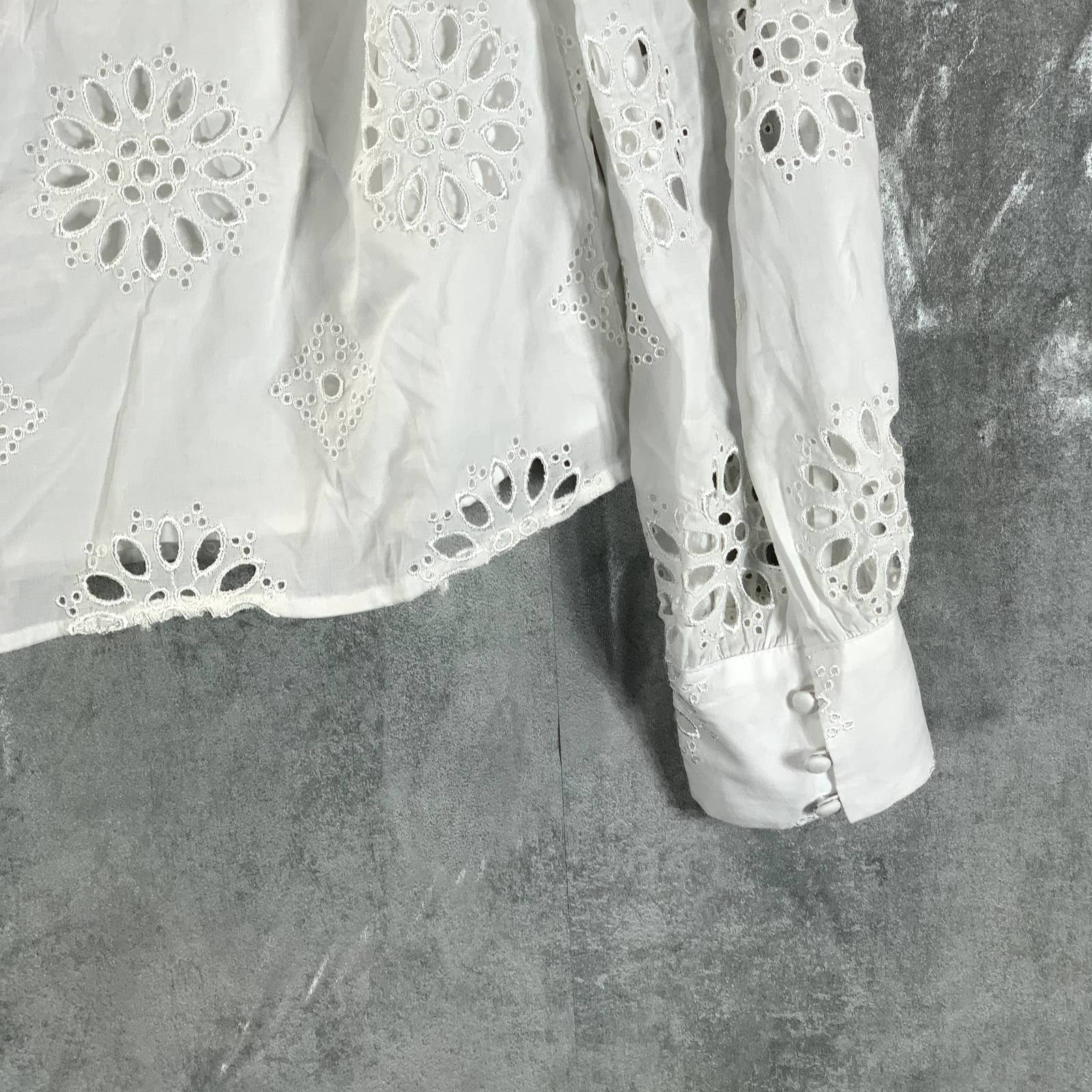 BAR III Women's White Cotton V-Neck Ruffled Eyelet Long-Sleeve Top SZ M