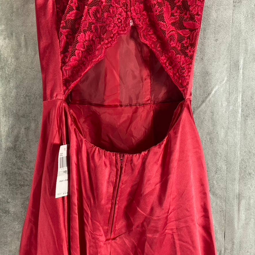 B. DARLIN Juniors' Crimson Red Satin V-Neck Lace-Back Pocketed Mini Dress SZ 1/2