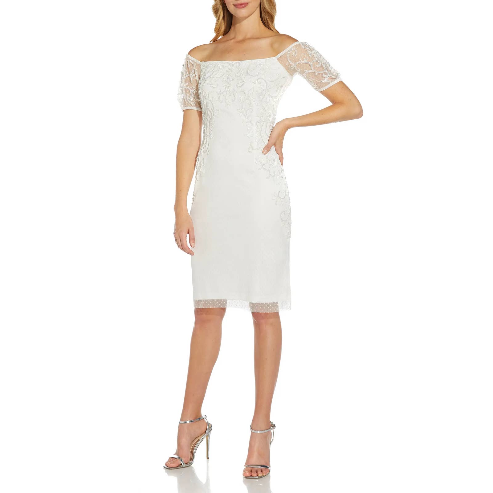 ADRIANNA PAPELL Women's Ivory Bead Embellished Off-The-Shoulder Dress SZ8