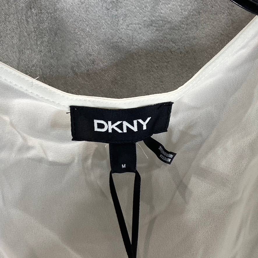 DKNY Women's Linen White Crewneck Imitation-Pear-Trim Elbow-Sleeve Top SZ M