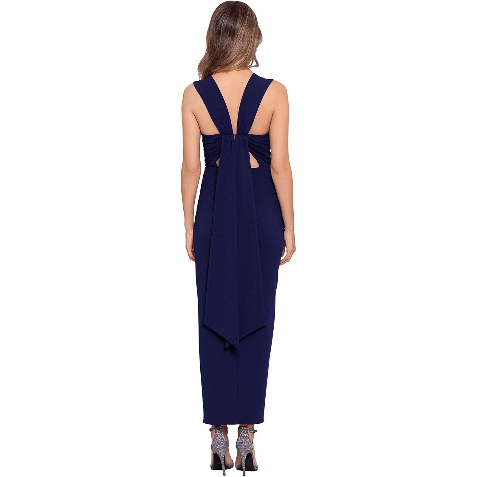 BETSY & ADAM Women's Navy Midi Crepe Pull-Through Back Wrap Dress SZ 10