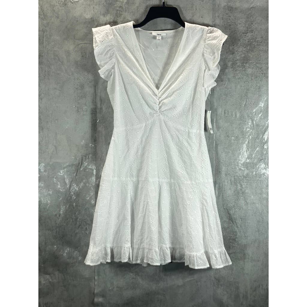 BAR III Women's Bright White Eyelet Ruched V-Neck Flutter Short Sleeve Dress