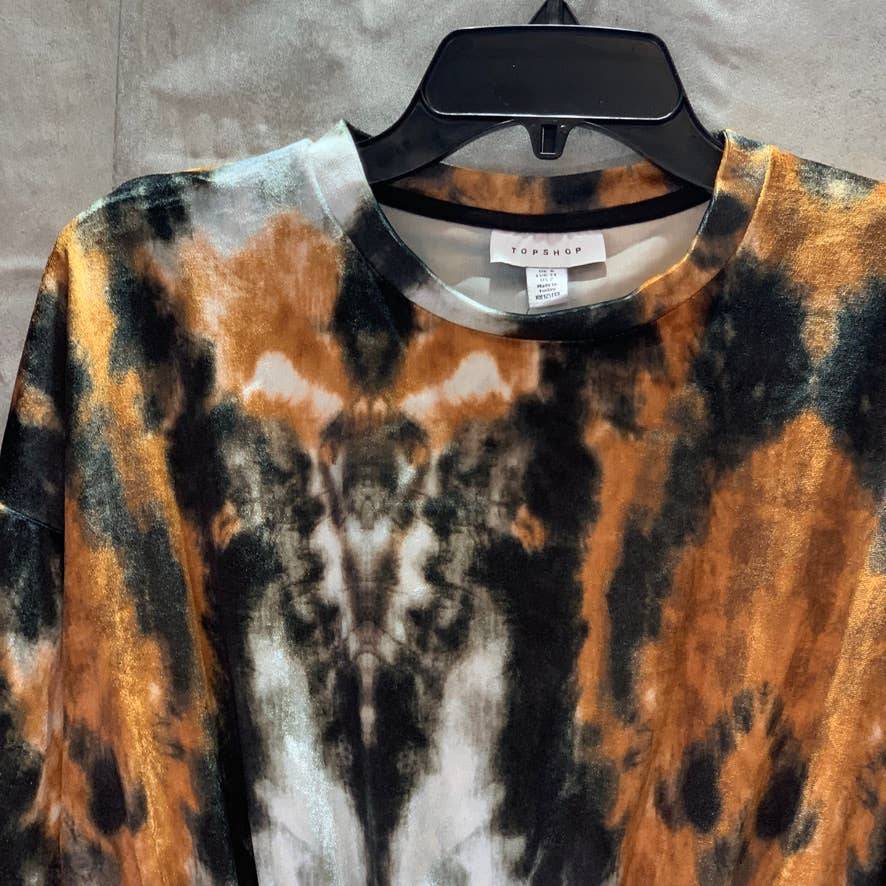 TOPSHOP Orange Tie Dye Long Sleeve Velour Crop Sweatshirt Stretch Top SZ 2