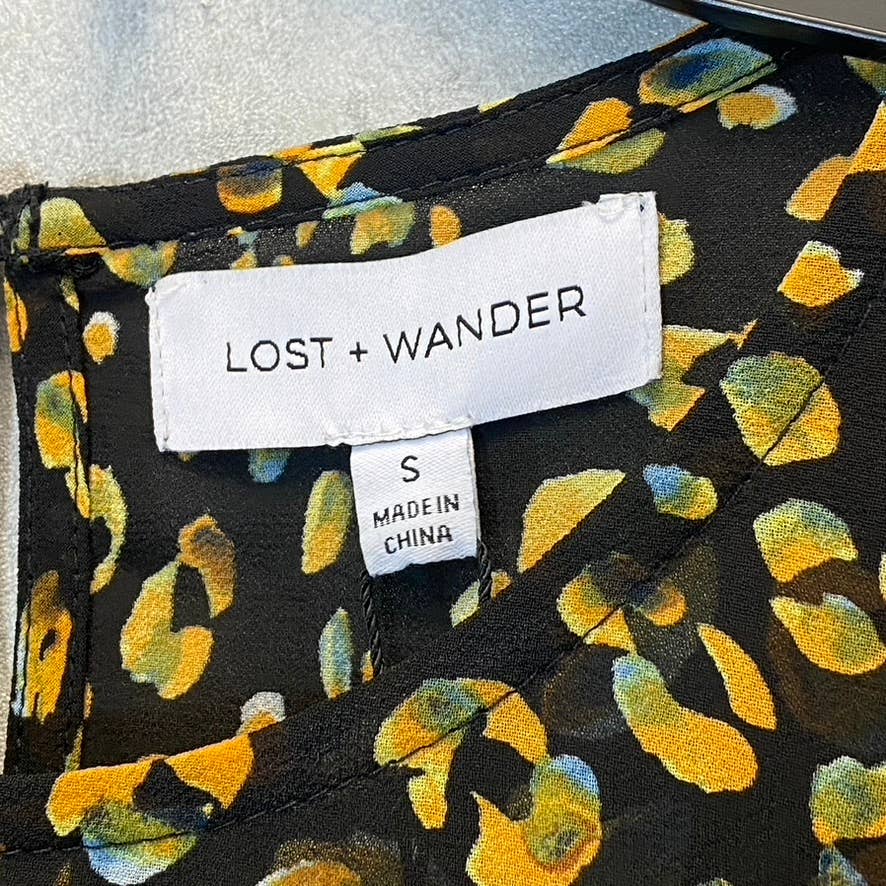 LOST + WANDER Women's Black Animal Print Dance All Night Belted Long Sleeve Top SZ S