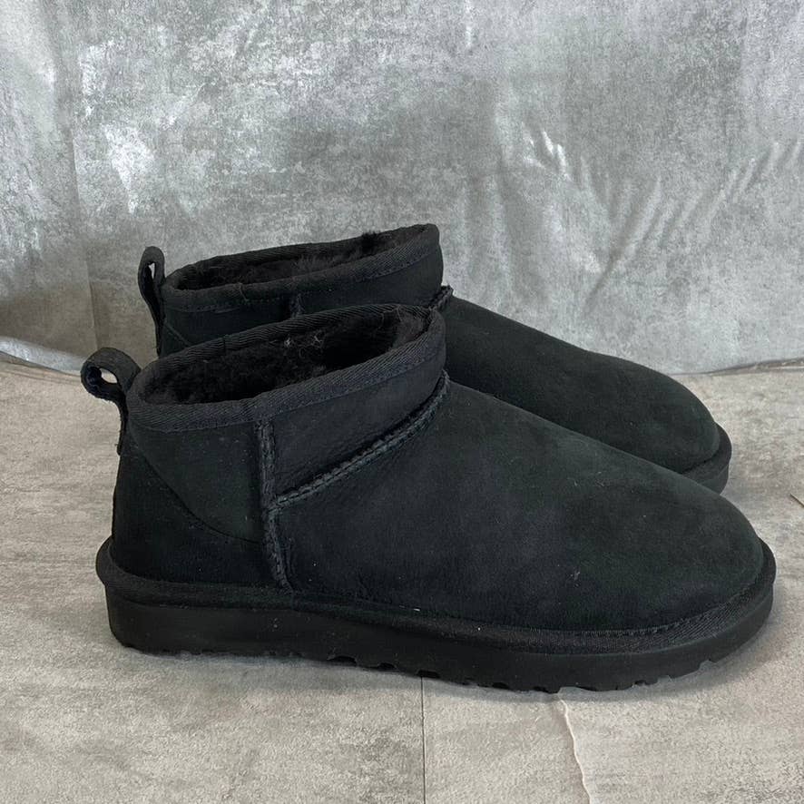 UGG Women's Black Suede/Fur Classic Ultra Mini Round-Toe Slip-On Booties SZ 7