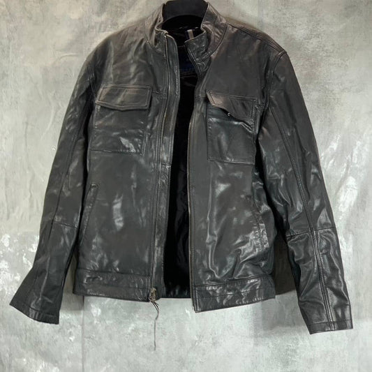 COLE HAAN Men's Solid Black Leather Mock-Collar Full-Zip Trucker Jacket SZ S