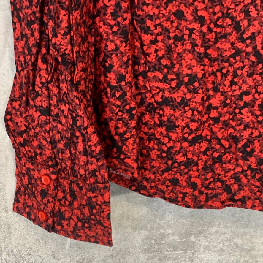 HINGE Red Printed Tie-Neck Long Sleeve Button Front Top SZ M
