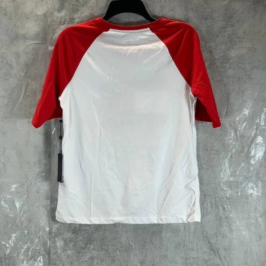 TOMMY HILFIGER Women's White-Scarlet Crewneck Raglan-Sleeve Graphic Top SZ S