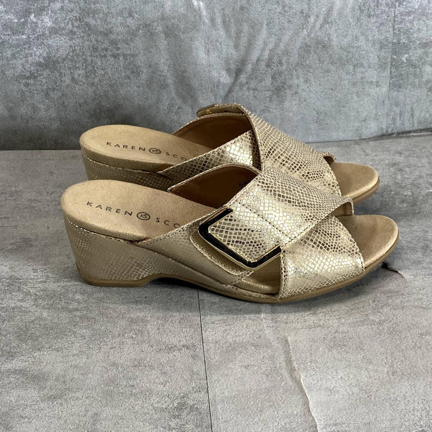 KAREN SCOTT Women's Soft Gold Criss-Cross Elzaa Slide Wedge Sandals SZ 5