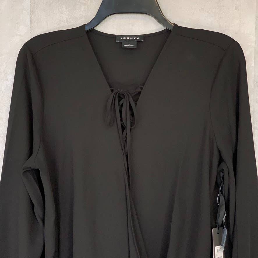 TROUVE Solid Black Lace-Up Wrap Long Sleeve Blouse SZ M